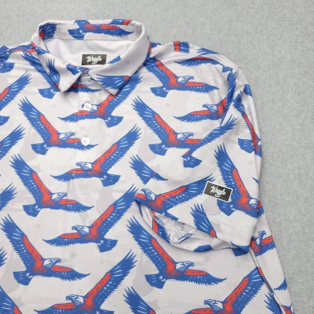 Waggle Polo Shirt Mens 2XL White‎ Blue Red Eagle Print Golf Performance Stretch - Picture 3 of 9